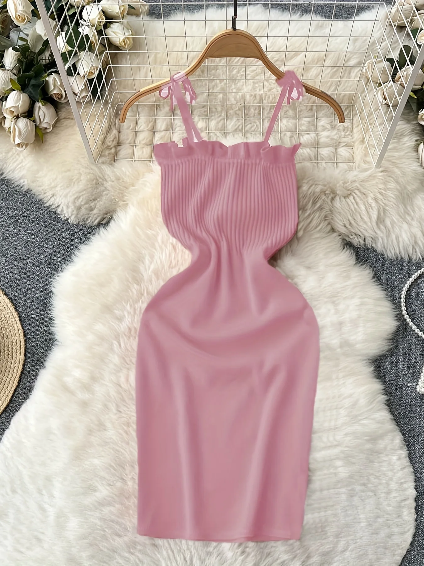 2024 Ribbed Lace Up Dress Elegant Solid Slim Ruffle Trim Dress Women's Clothing Bodycon Short Mini Dress