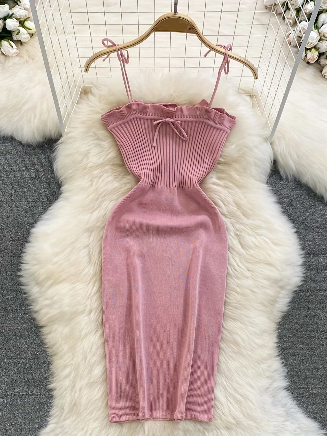 2024 Ribbed Lace Up Dress Elegant Solid Slim Ruffle Trim Dress Women's Clothing Bodycon Short Mini Dress