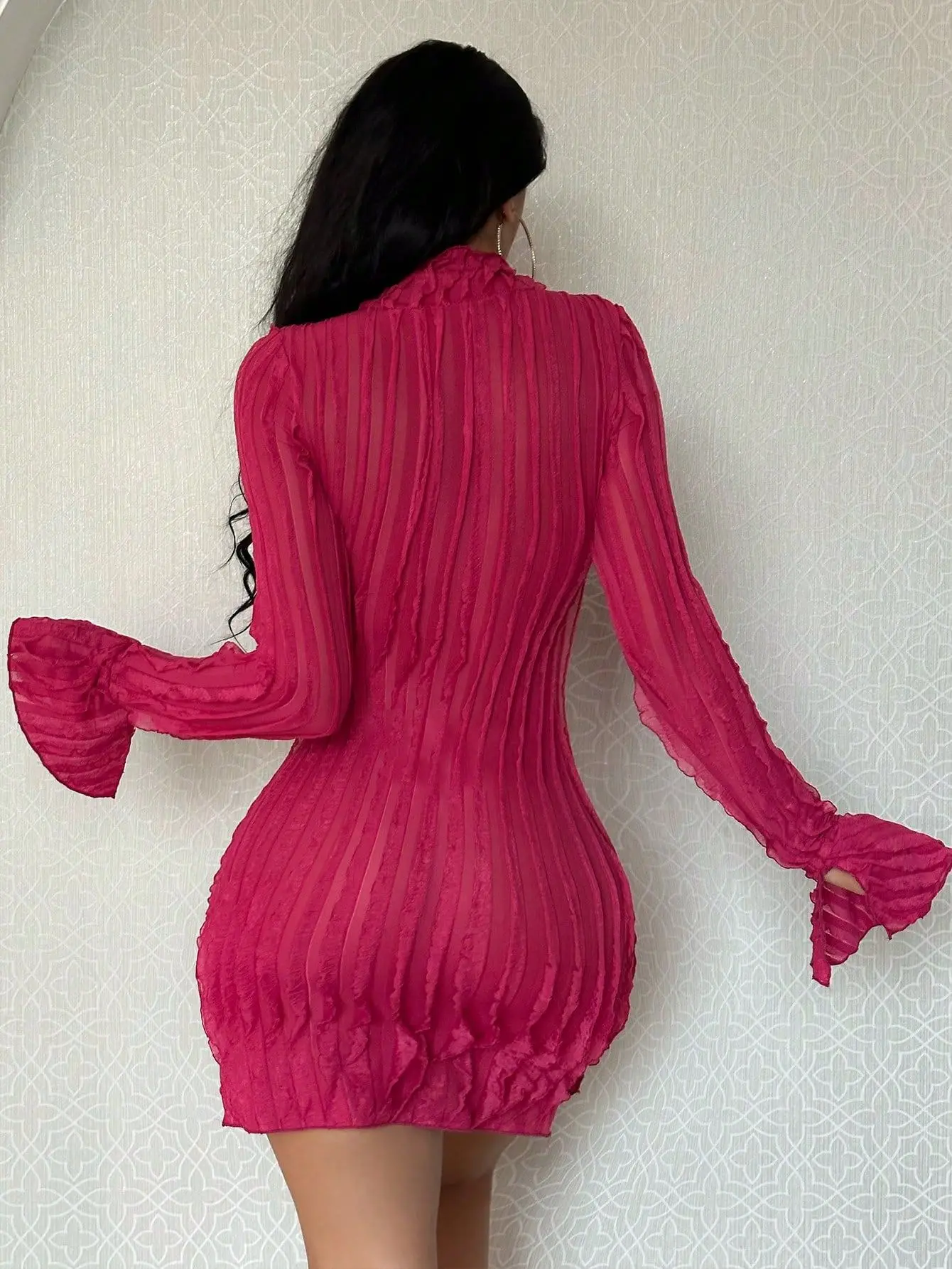 Spring/summer 2024 new style open slit bell-sleeve high collar pure color temperament elegant dress slim sexy hip skirt