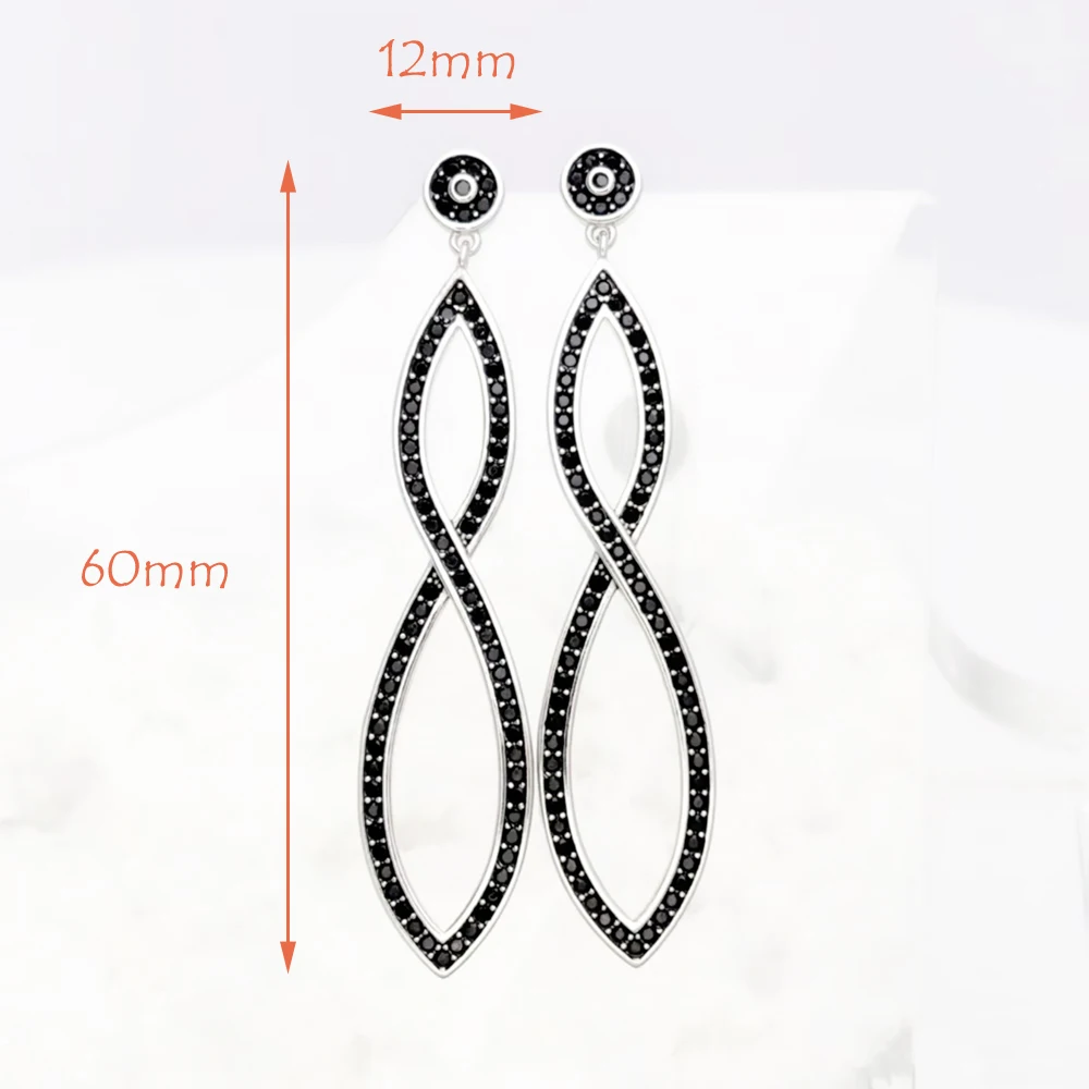 Drop Earrings Black Stones Infinity Twist Design Jewelry For Women Summer Love Romantic Gift In Sterling Silver 925
