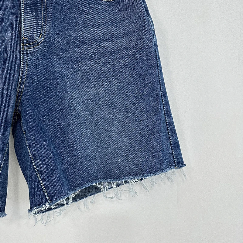 New 2024 Summer High Waist Denim Shorts For Women Pockets Burrs Blue Color Short Jeans Women Streetwear Casual Women's Shorts