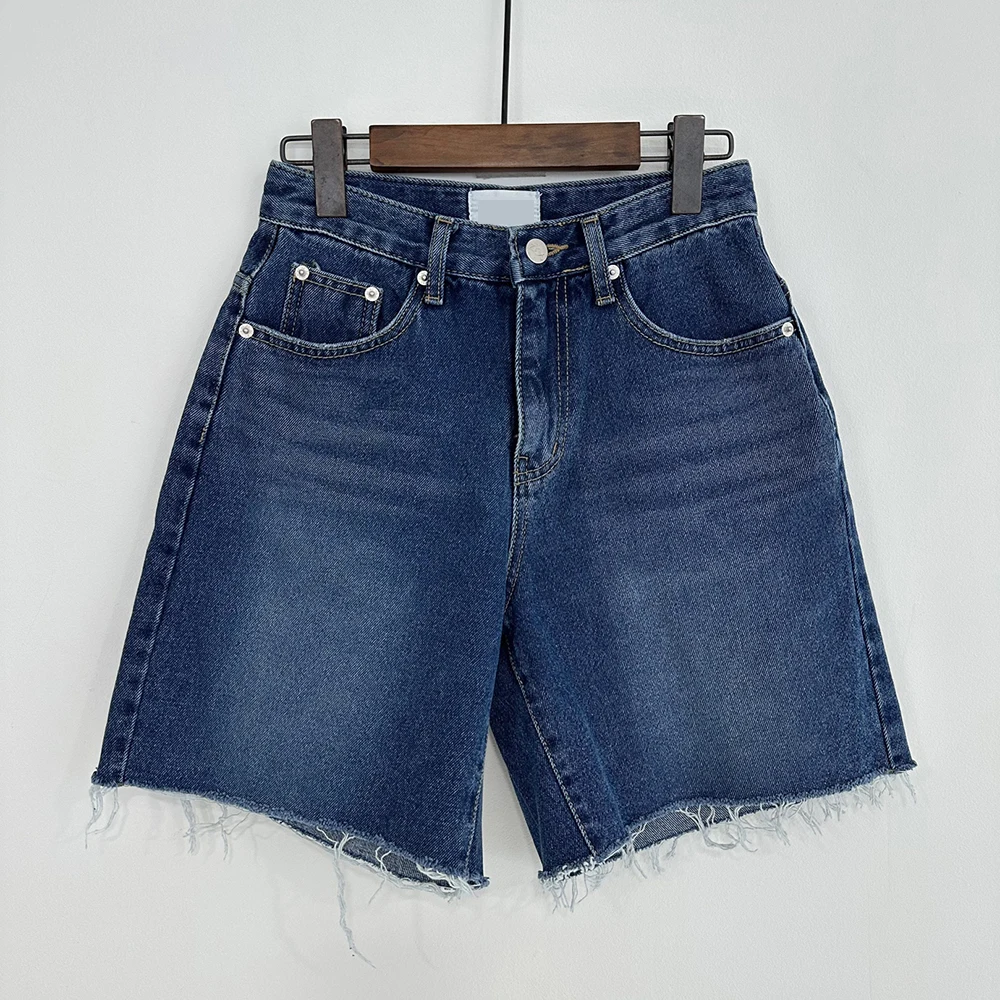 New 2024 Summer High Waist Denim Shorts For Women Pockets Burrs Blue Color Short Jeans Women Streetwear Casual Women's Shorts