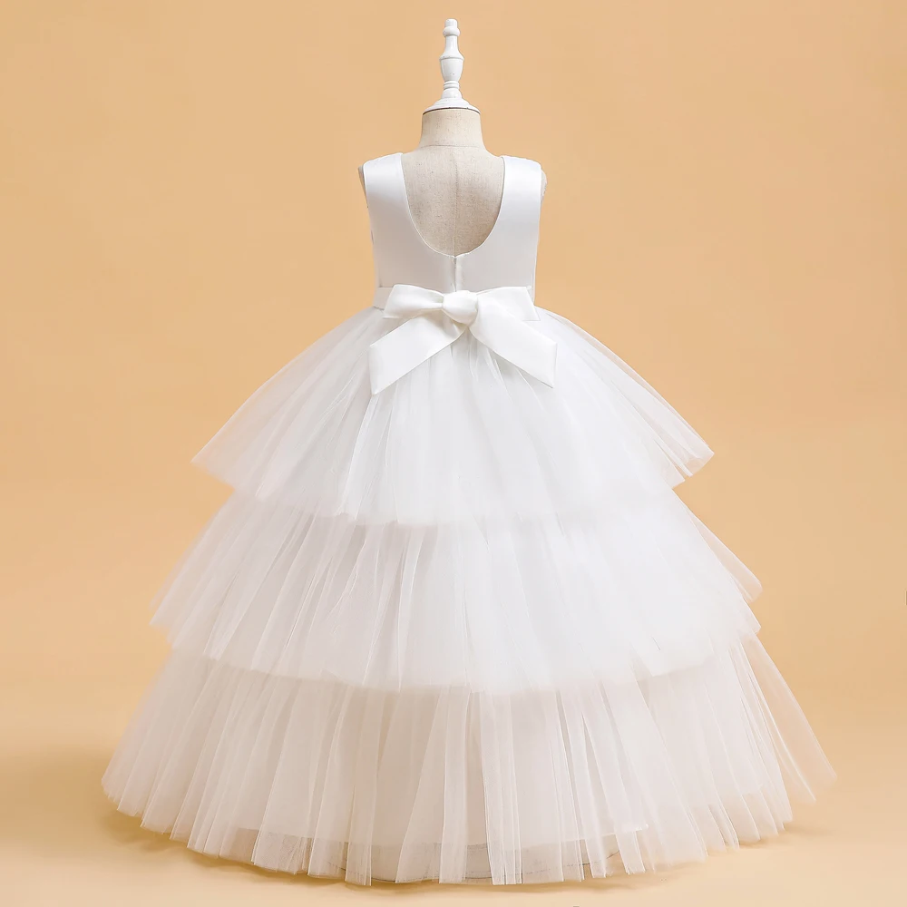 Ceremony Elegant Kids Party Dresses For Girls Children Puffy Tulle White Bridesmaid Dress Flower Girl Birthday Wedding Prom Gown