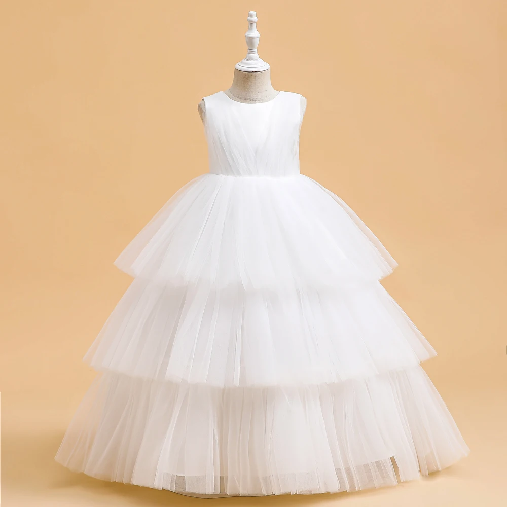 Ceremony Elegant Kids Party Dresses For Girls Children Puffy Tulle White Bridesmaid Dress Flower Girl Birthday Wedding Prom Gown