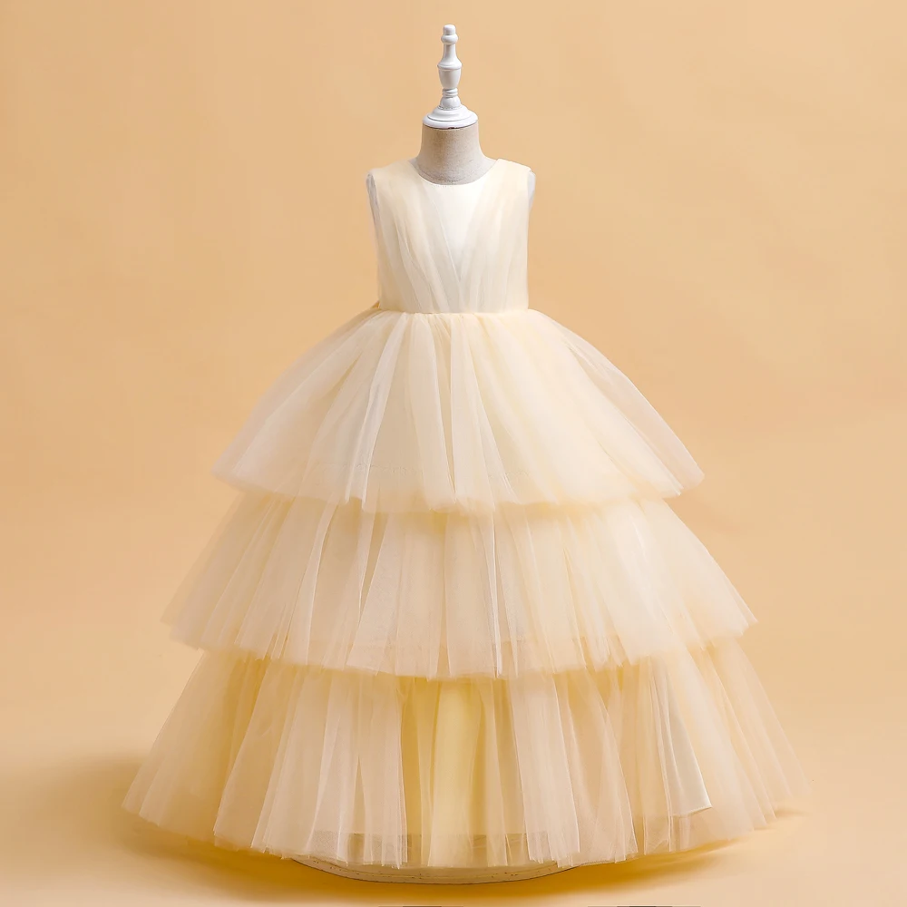Ceremony Elegant Kids Party Dresses For Girls Children Puffy Tulle White Bridesmaid Dress Flower Girl Birthday Wedding Prom Gown