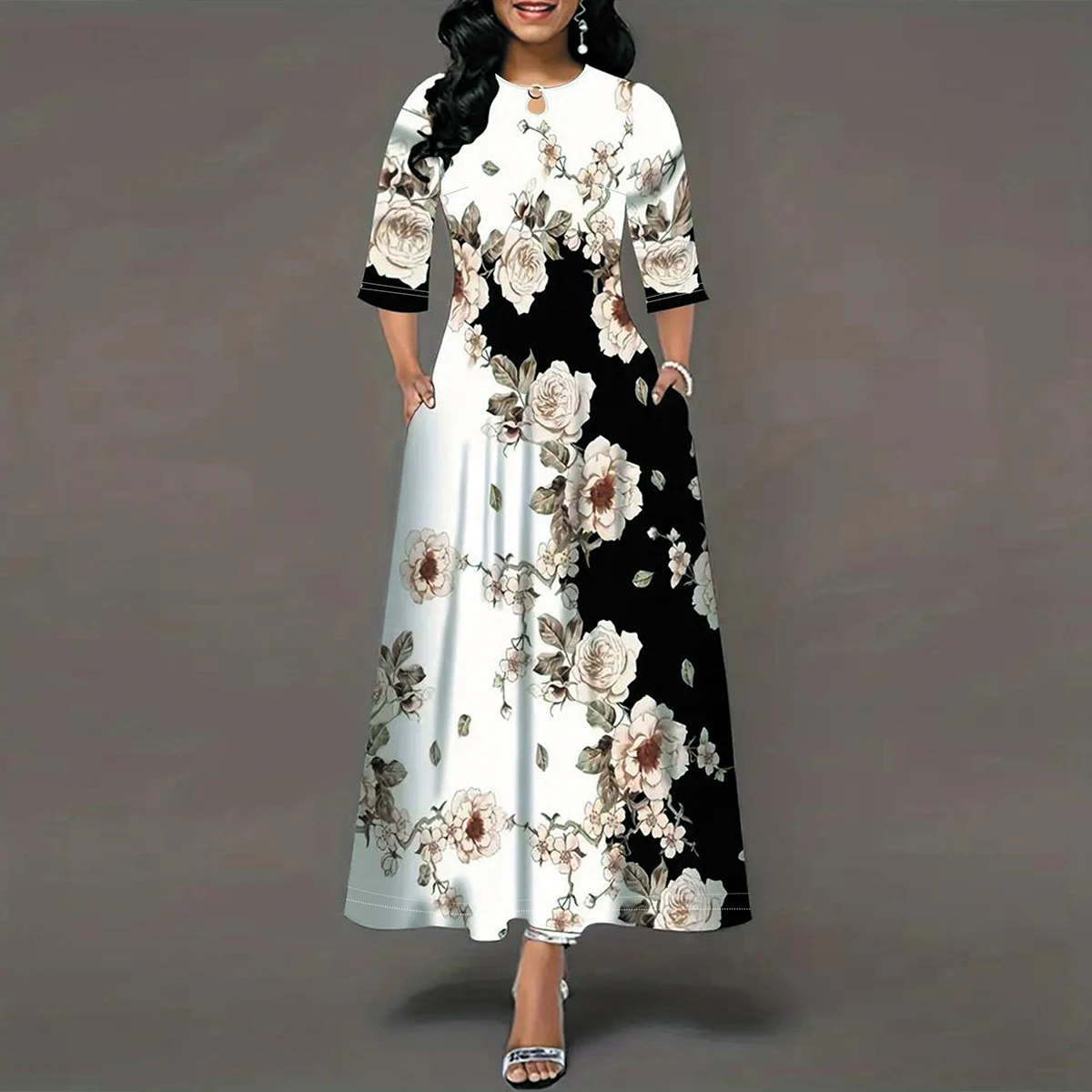 Women's Casual Dress, Plus Size Print Half Sleeve Round Neck Maxi Dress With Pockets