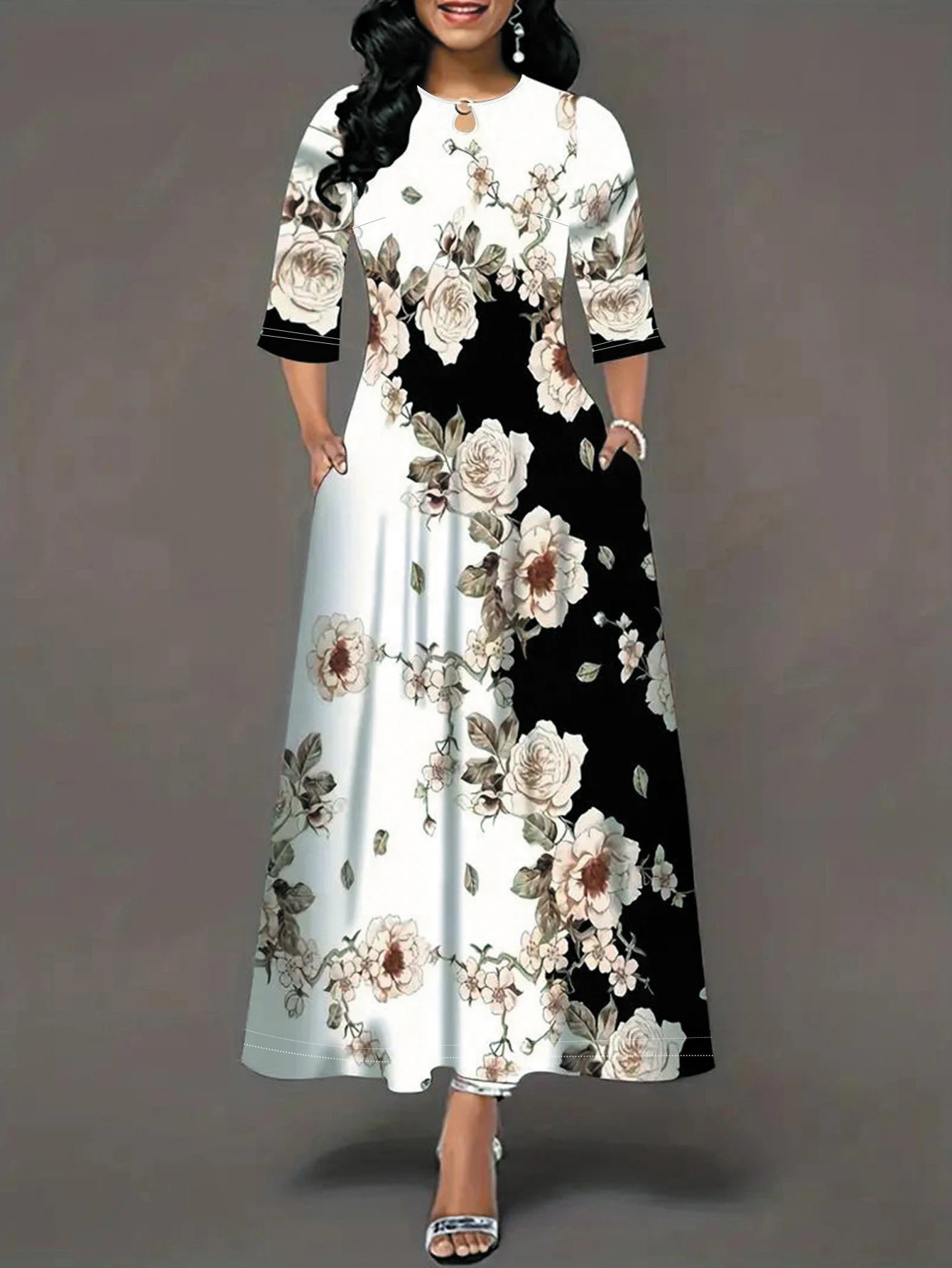 Women's Casual Dress, Plus Size Print Half Sleeve Round Neck Maxi Dress With Pockets