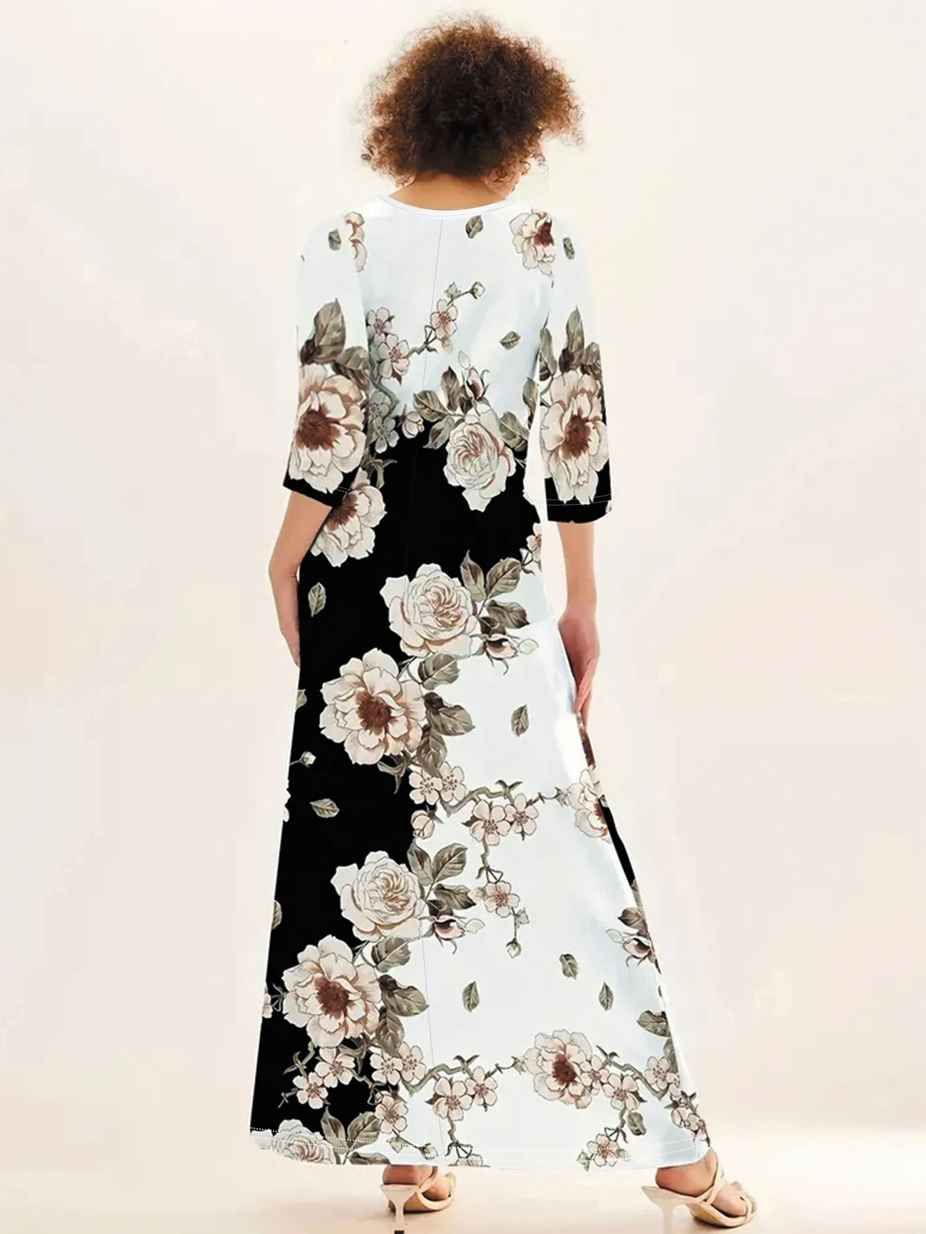 Women's Casual Dress, Plus Size Print Half Sleeve Round Neck Maxi Dress With Pockets