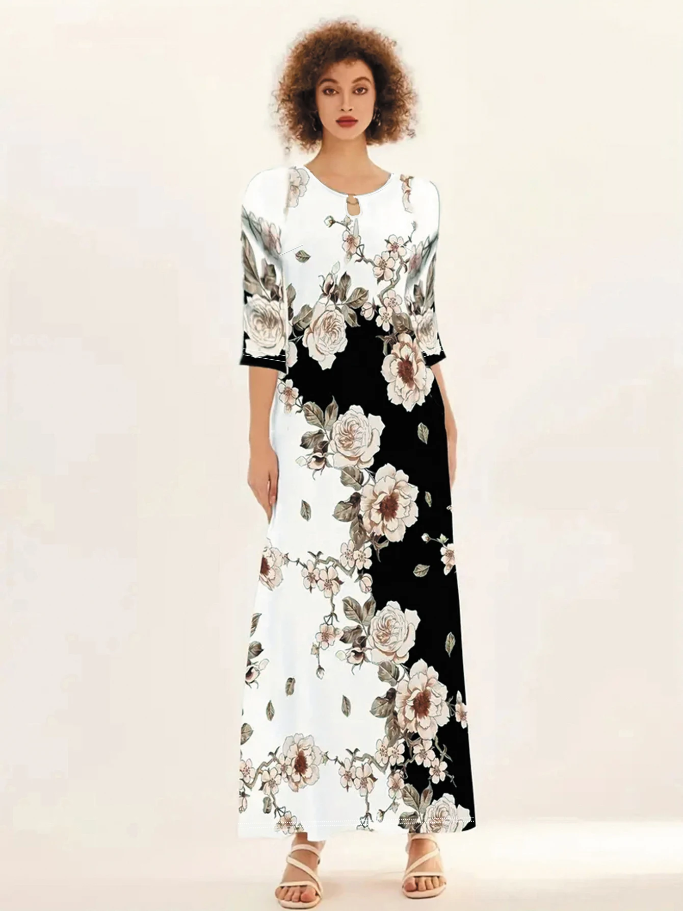 Women's Casual Dress, Plus Size Print Half Sleeve Round Neck Maxi Dress With Pockets