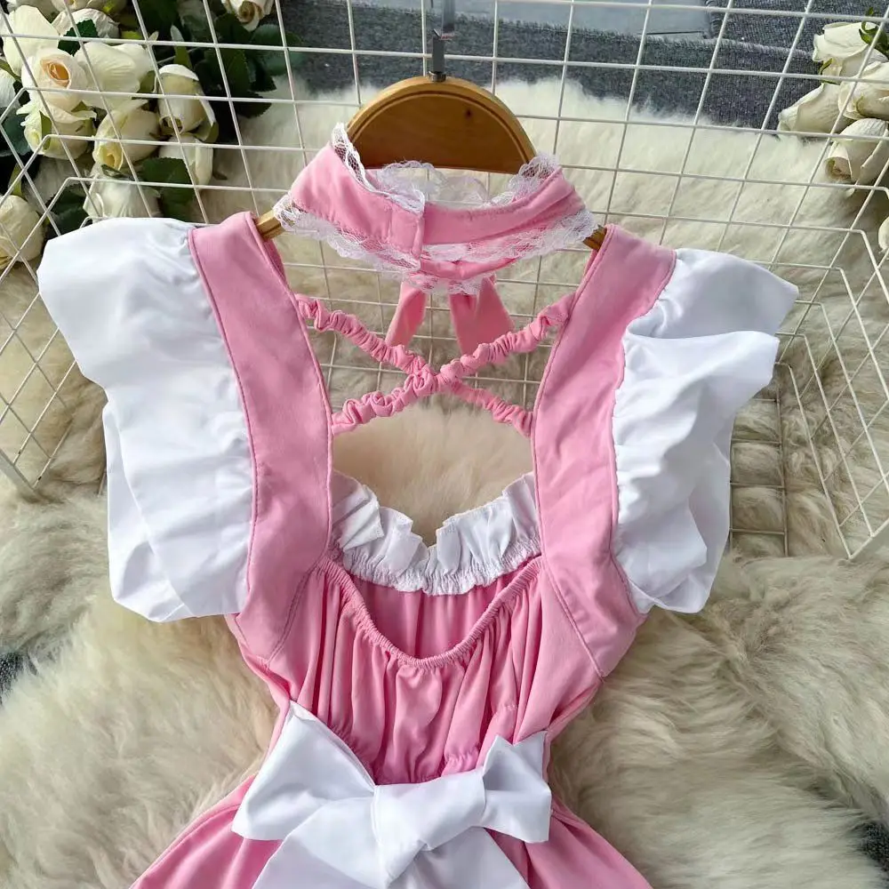 Pink Sweet Women LolitaMini Dress Y2k Servant Low Cut Lace Patchwork Mini Dress Birthday Cocktail Role Play Maid Short Dresses