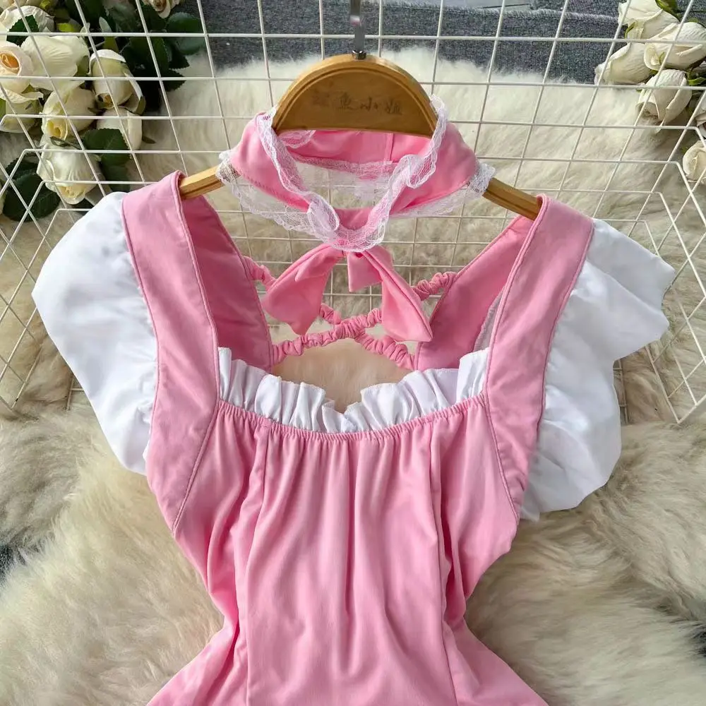 Pink Sweet Women LolitaMini Dress Y2k Servant Low Cut Lace Patchwork Mini Dress Birthday Cocktail Role Play Maid Short Dresses