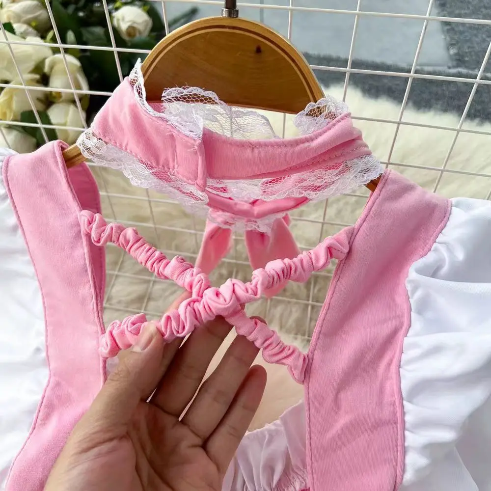 Pink Sweet Women LolitaMini Dress Y2k Servant Low Cut Lace Patchwork Mini Dress Birthday Cocktail Role Play Maid Short Dresses