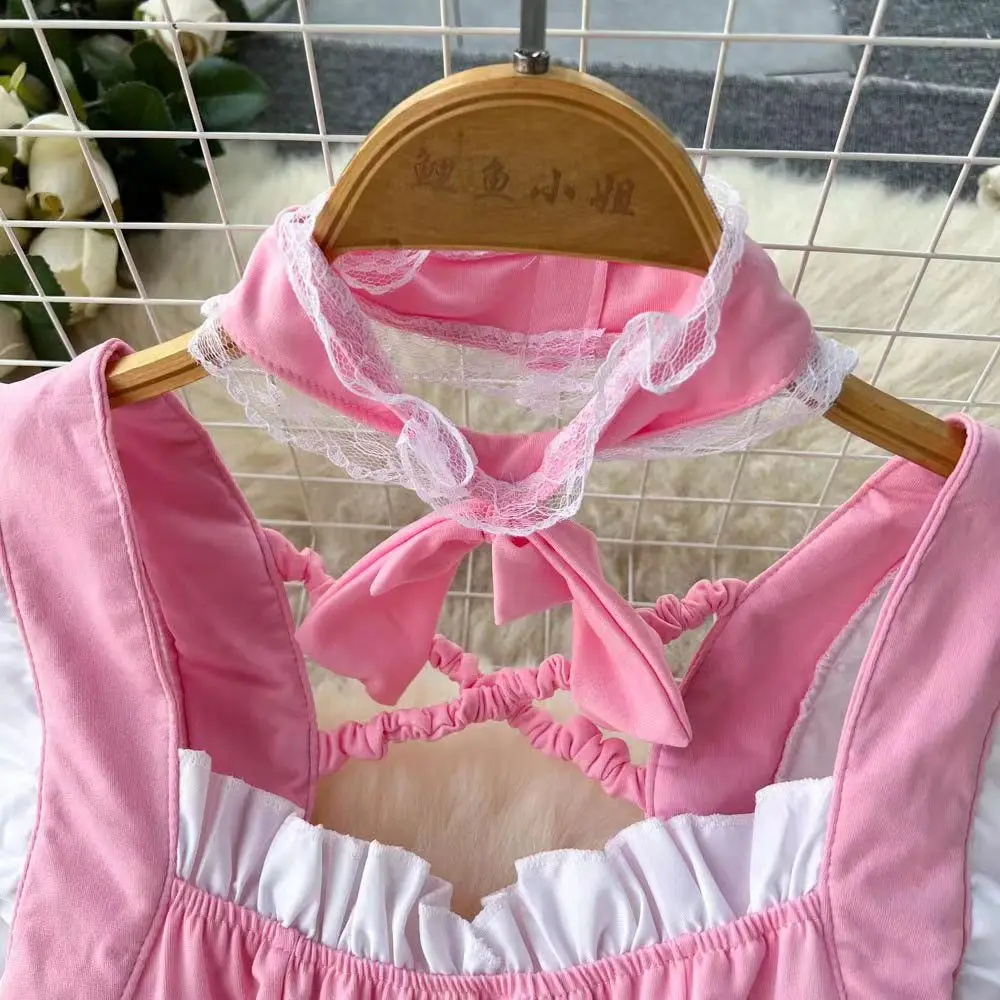Pink Sweet Women LolitaMini Dress Y2k Servant Low Cut Lace Patchwork Mini Dress Birthday Cocktail Role Play Maid Short Dresses