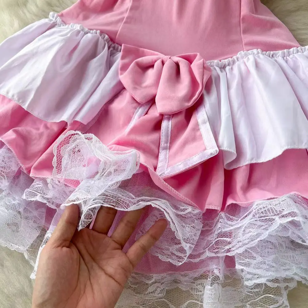 Pink Sweet Women LolitaMini Dress Y2k Servant Low Cut Lace Patchwork Mini Dress Birthday Cocktail Role Play Maid Short Dresses