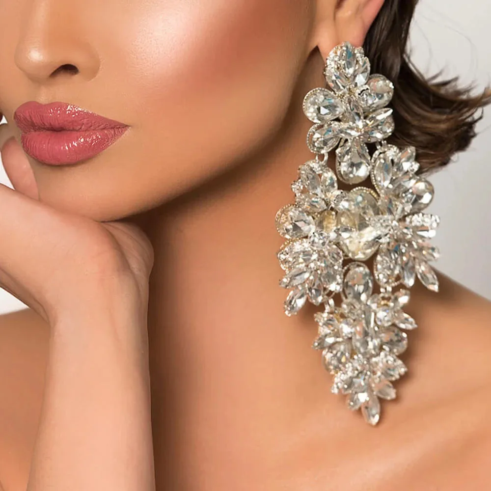 Stonefans Temperament Oversize Rhinestone Earrings Decoration for Women 2024 Elegant Bling Crystal Dangle Earrings Party Jewelry