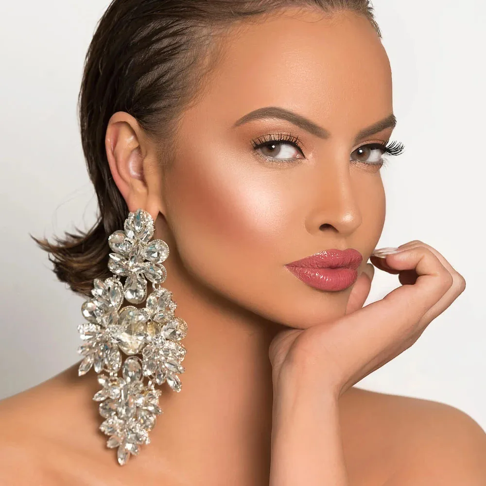 Stonefans Temperament Oversize Rhinestone Earrings Decoration for Women 2024 Elegant Bling Crystal Dangle Earrings Party Jewelry