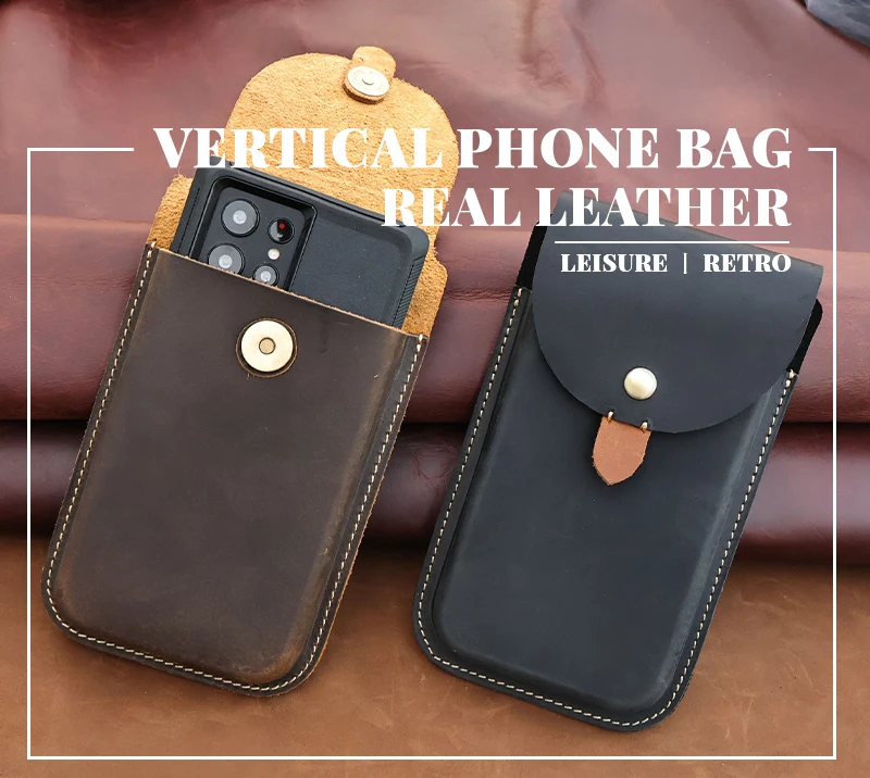 RIYAO Large Mobile Phone Bag Waist Belt Pouch Genuine Leather Cell Phone Holster Case For Samsung S23 Iphone 15 Pro Xiaomi 14
