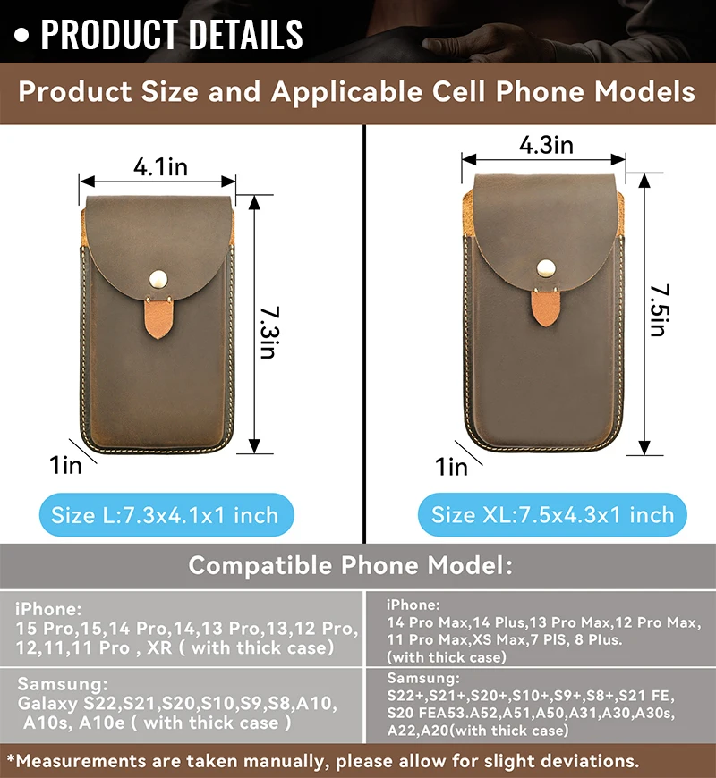 RIYAO Large Mobile Phone Bag Waist Belt Pouch Genuine Leather Cell Phone Holster Case For Samsung S23 Iphone 15 Pro Xiaomi 14