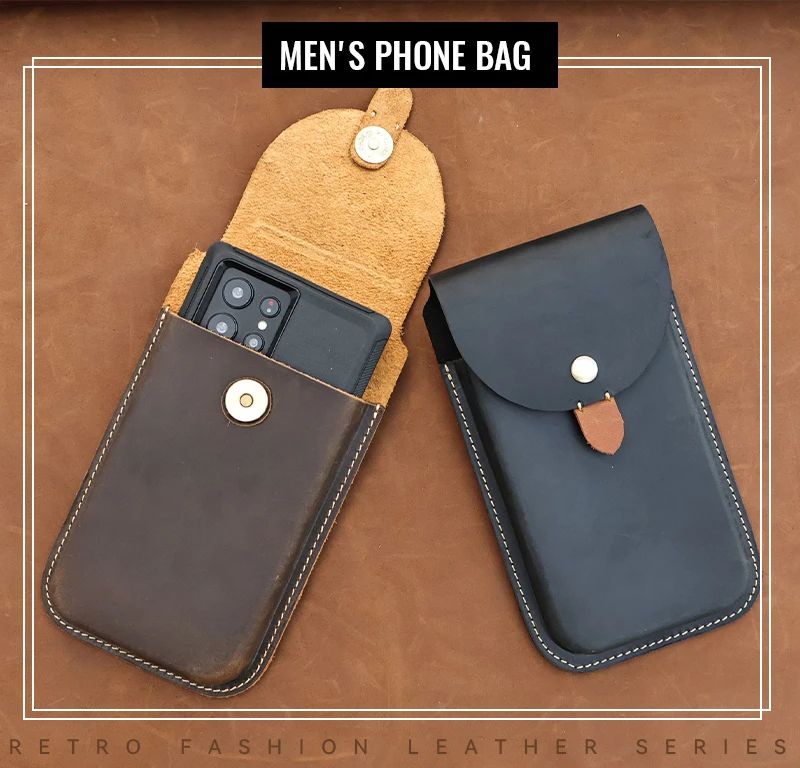 RIYAO Large Mobile Phone Bag Waist Belt Pouch Genuine Leather Cell Phone Holster Case For Samsung S23 Iphone 15 Pro Xiaomi 14