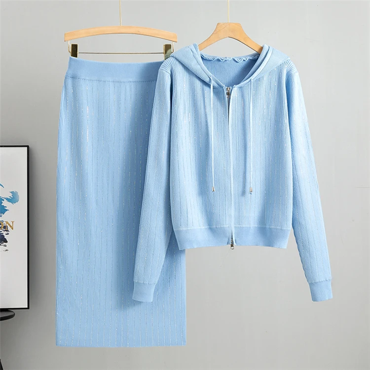 2025 new women's Knitted Cardigan High Waisted Buttocks Wrapped Skirt 2 Piece Suits Luxury Hot Diamond Fashion Sets