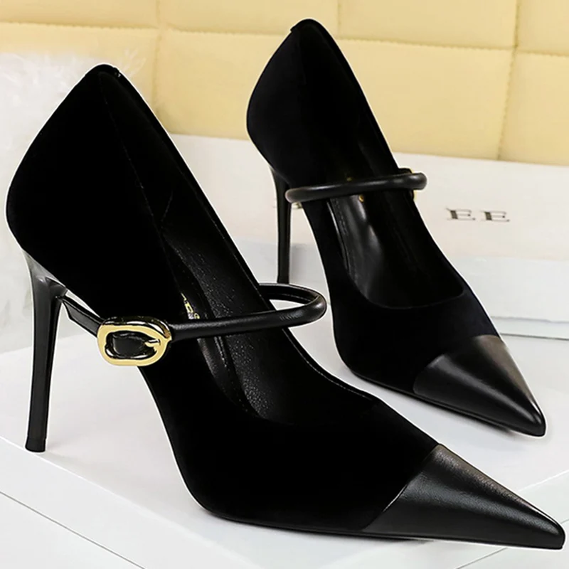 Korean Version Party 10cm 7cm High Heels Women Shoes Thin Heels Velvet Shallow Montage Pointed Toe Metal One-line Buckle Pumps