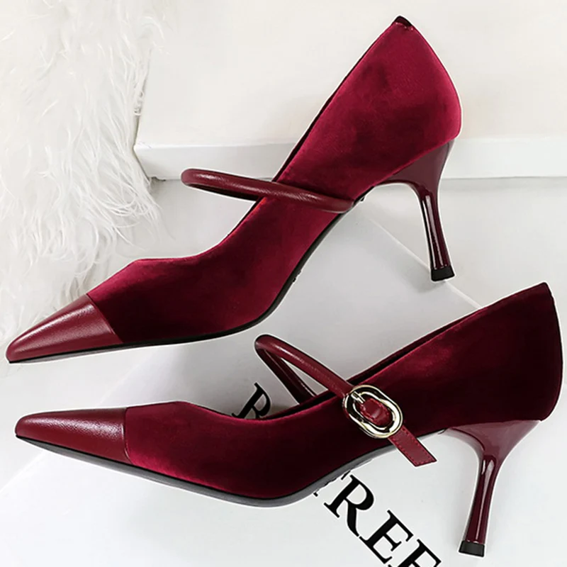 Korean Version Party 10cm 7cm High Heels Women Shoes Thin Heels Velvet Shallow Montage Pointed Toe Metal One-line Buckle Pumps