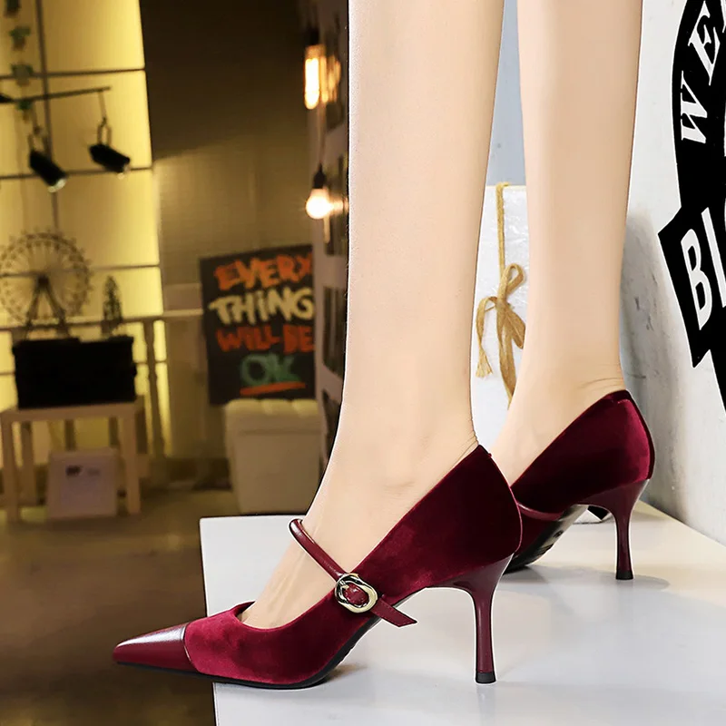 Korean Version Party 10cm 7cm High Heels Women Shoes Thin Heels Velvet Shallow Montage Pointed Toe Metal One-line Buckle Pumps