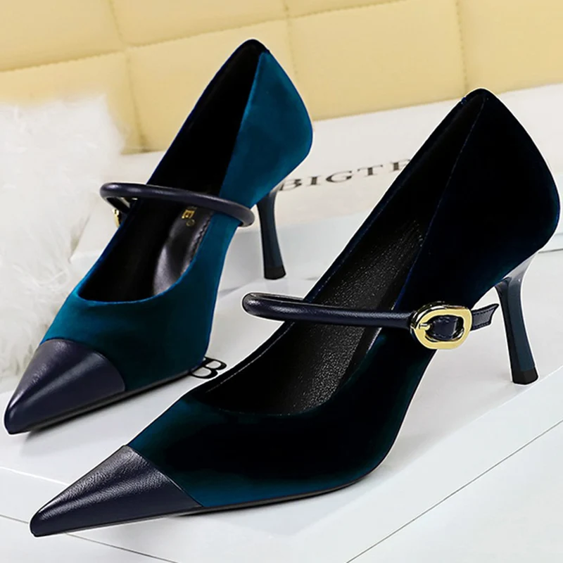 Korean Version Party 10cm 7cm High Heels Women Shoes Thin Heels Velvet Shallow Montage Pointed Toe Metal One-line Buckle Pumps