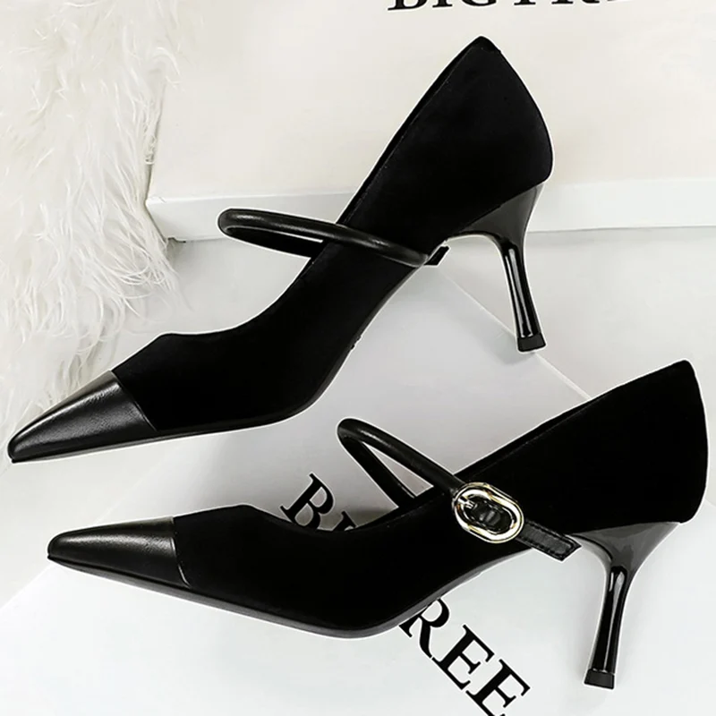 Korean Version Party 10cm 7cm High Heels Women Shoes Thin Heels Velvet Shallow Montage Pointed Toe Metal One-line Buckle Pumps