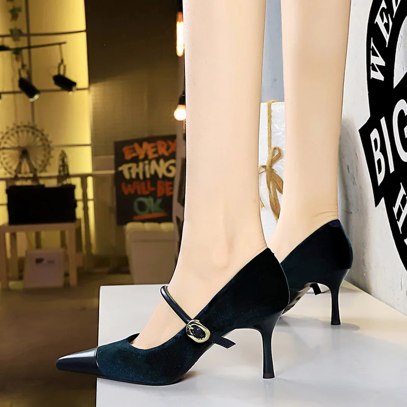 Korean Version Party 10cm 7cm High Heels Women Shoes Thin Heels Velvet Shallow Montage Pointed Toe Metal One-line Buckle Pumps