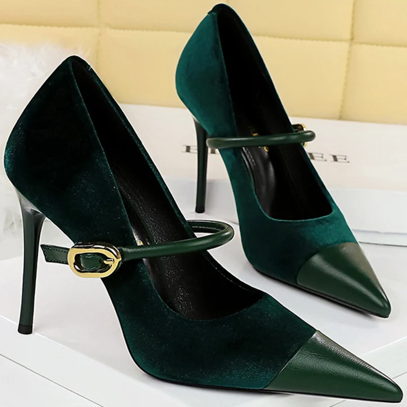Korean Version Party 10cm 7cm High Heels Women Shoes Thin Heels Velvet Shallow Montage Pointed Toe Metal One-line Buckle Pumps
