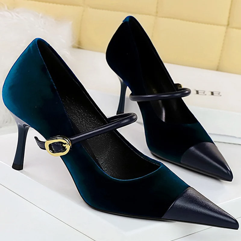Korean Version Party 10cm 7cm High Heels Women Shoes Thin Heels Velvet Shallow Montage Pointed Toe Metal One-line Buckle Pumps