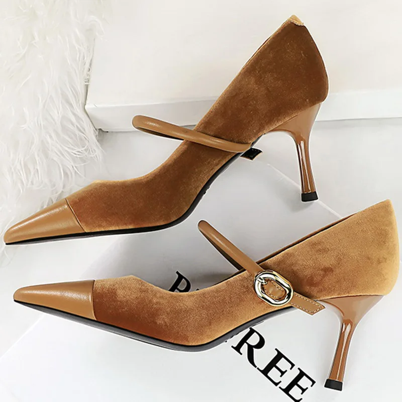 Korean Version Party 10cm 7cm High Heels Women Shoes Thin Heels Velvet Shallow Montage Pointed Toe Metal One-line Buckle Pumps