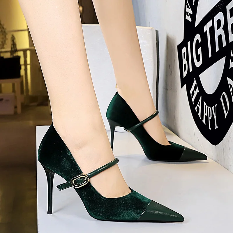 Korean Version Party 10cm 7cm High Heels Women Shoes Thin Heels Velvet Shallow Montage Pointed Toe Metal One-line Buckle Pumps