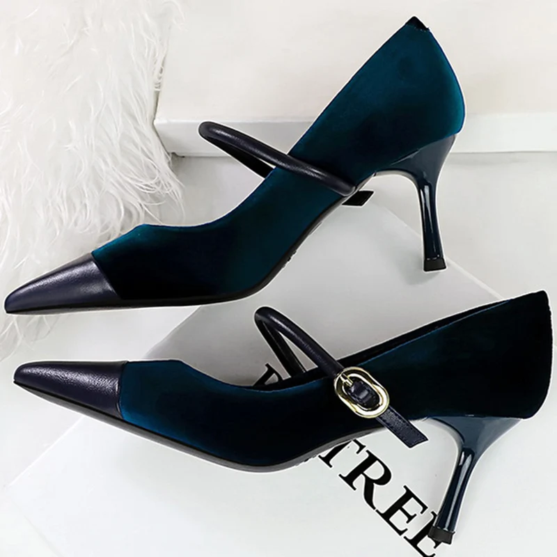 Korean Version Party 10cm 7cm High Heels Women Shoes Thin Heels Velvet Shallow Montage Pointed Toe Metal One-line Buckle Pumps