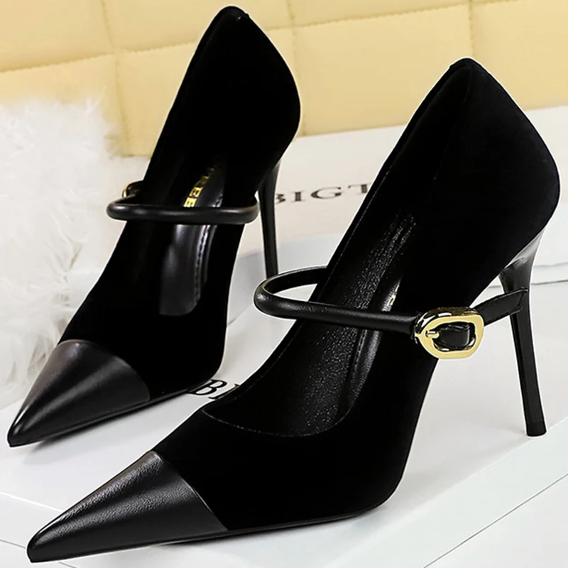 Korean Version Party 10cm 7cm High Heels Women Shoes Thin Heels Velvet Shallow Montage Pointed Toe Metal One-line Buckle Pumps