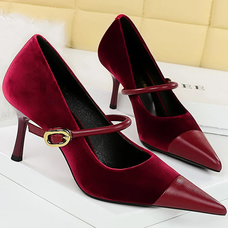 Korean Version Party 10cm 7cm High Heels Women Shoes Thin Heels Velvet Shallow Montage Pointed Toe Metal One-line Buckle Pumps