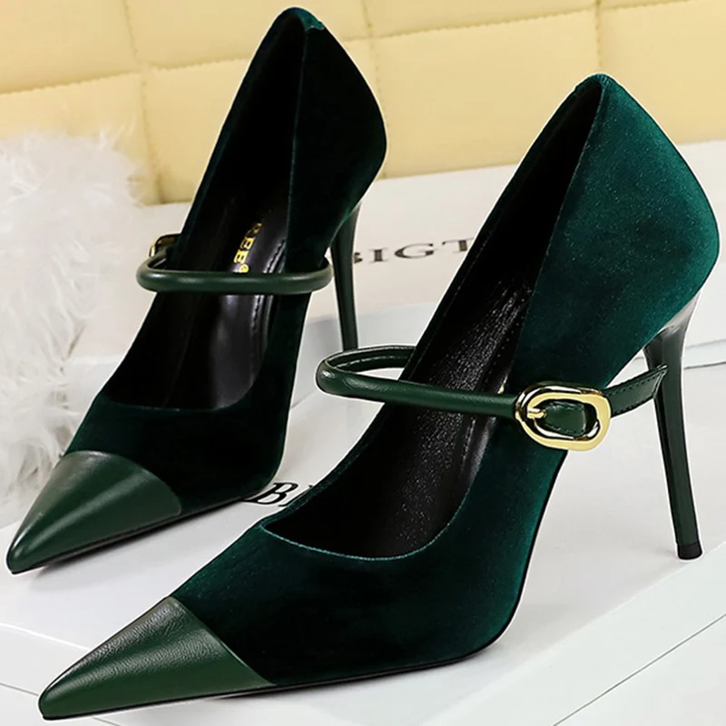 Korean Version Party 10cm 7cm High Heels Women Shoes Thin Heels Velvet Shallow Montage Pointed Toe Metal One-line Buckle Pumps