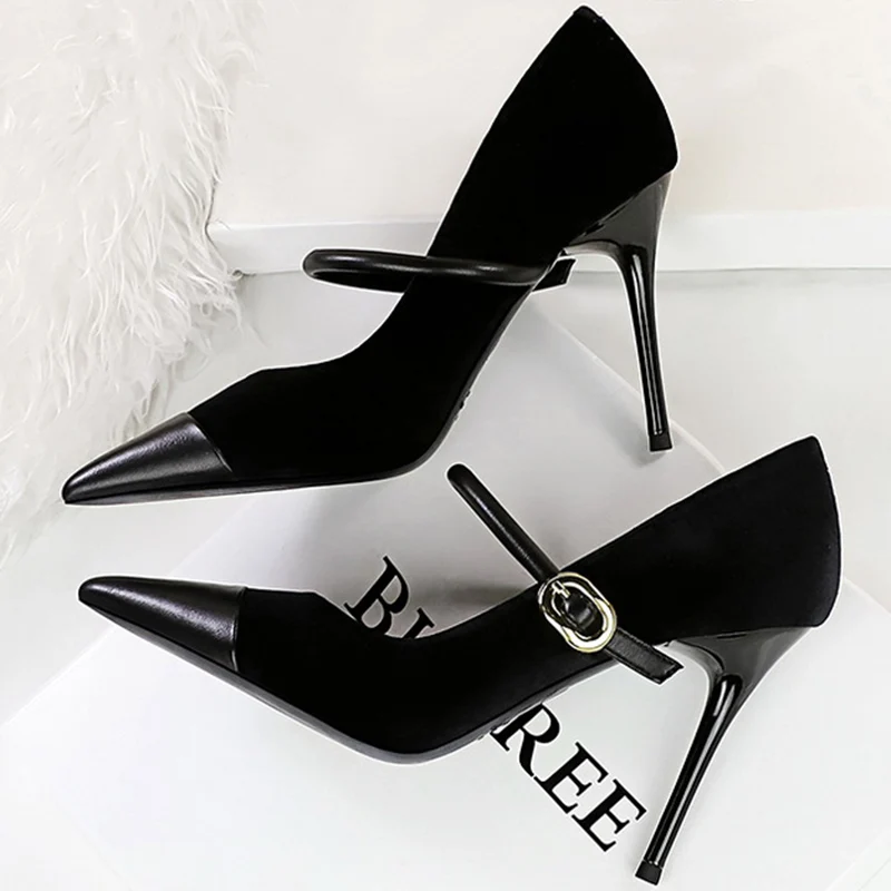 Korean Version Party 10cm 7cm High Heels Women Shoes Thin Heels Velvet Shallow Montage Pointed Toe Metal One-line Buckle Pumps