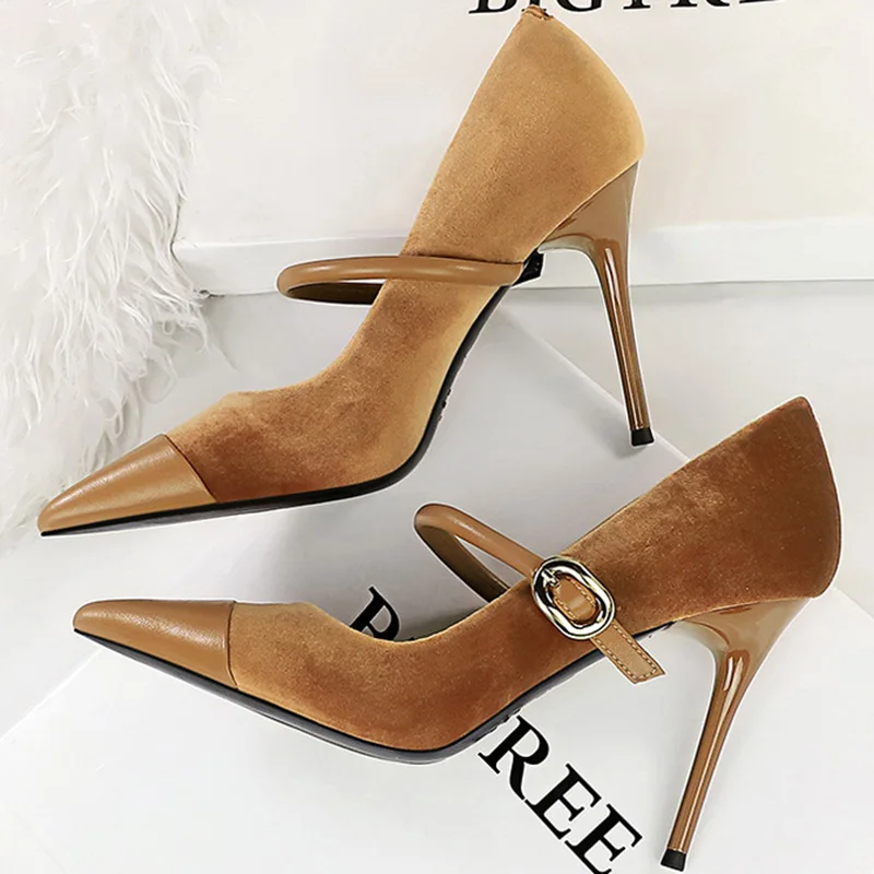 Korean Version Party 10cm 7cm High Heels Women Shoes Thin Heels Velvet Shallow Montage Pointed Toe Metal One-line Buckle Pumps