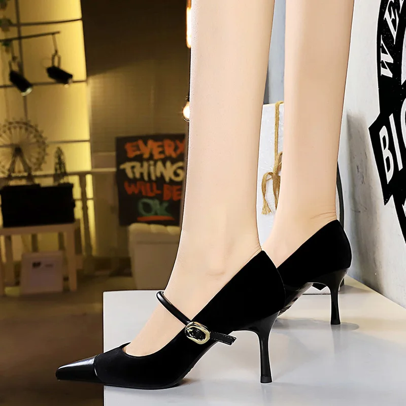Korean Version Party 10cm 7cm High Heels Women Shoes Thin Heels Velvet Shallow Montage Pointed Toe Metal One-line Buckle Pumps