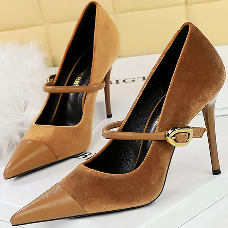 Korean Version Party 10cm 7cm High Heels Women Shoes Thin Heels Velvet Shallow Montage Pointed Toe Metal One-line Buckle Pumps