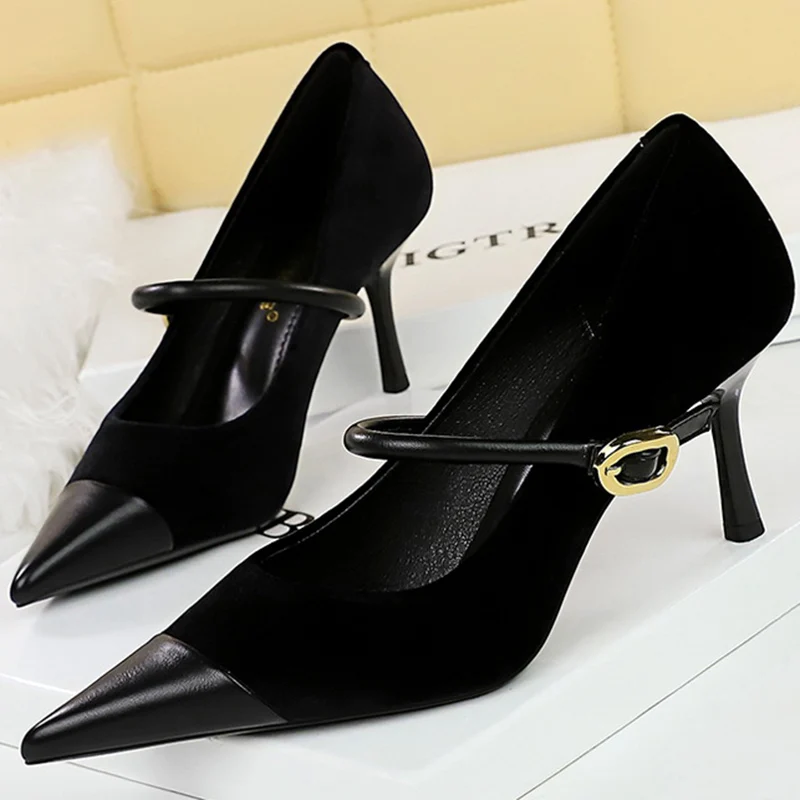 Korean Version Party 10cm 7cm High Heels Women Shoes Thin Heels Velvet Shallow Montage Pointed Toe Metal One-line Buckle Pumps
