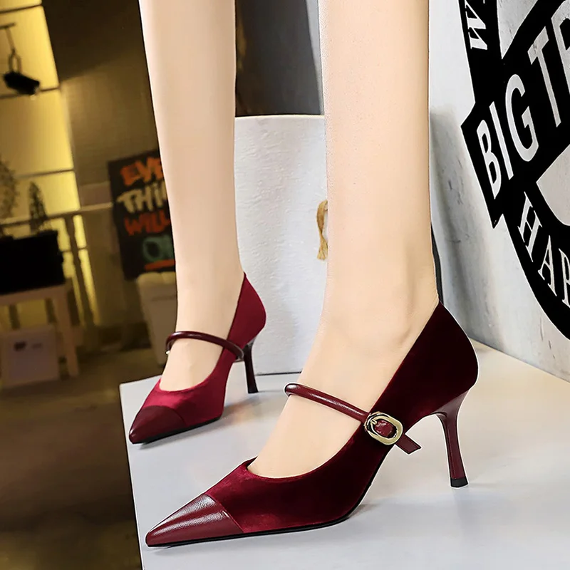 Korean Version Party 10cm 7cm High Heels Women Shoes Thin Heels Velvet Shallow Montage Pointed Toe Metal One-line Buckle Pumps