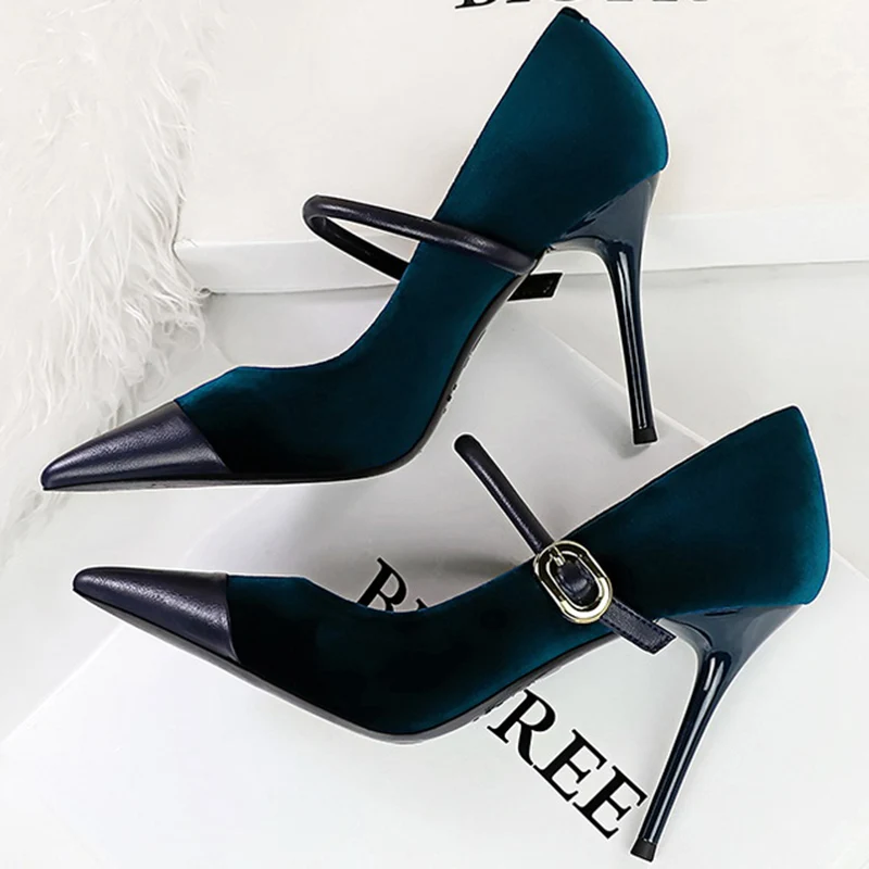 Korean Version Party 10cm 7cm High Heels Women Shoes Thin Heels Velvet Shallow Montage Pointed Toe Metal One-line Buckle Pumps