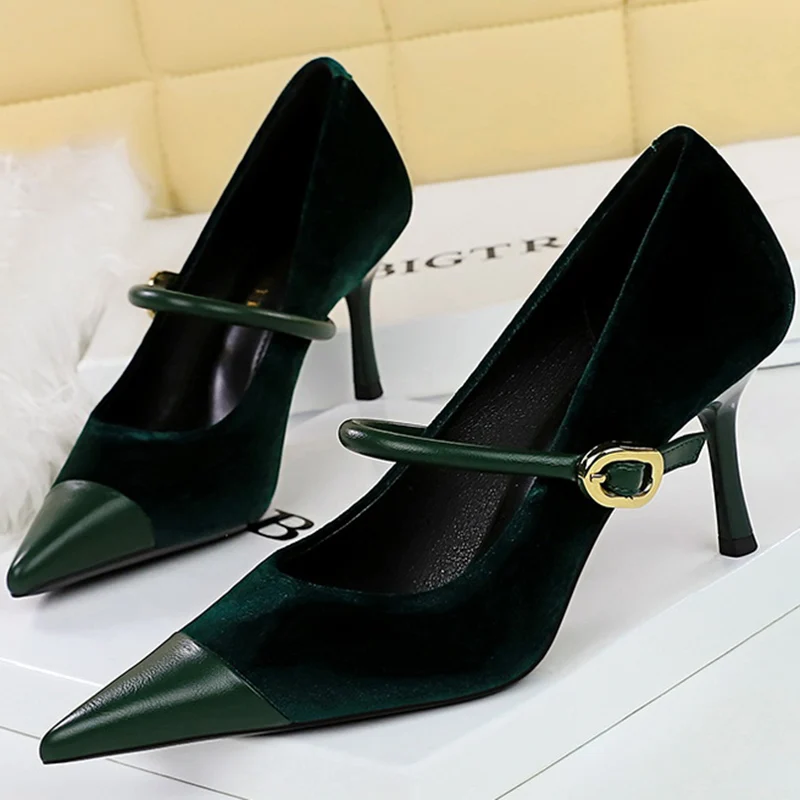 Korean Version Party 10cm 7cm High Heels Women Shoes Thin Heels Velvet Shallow Montage Pointed Toe Metal One-line Buckle Pumps
