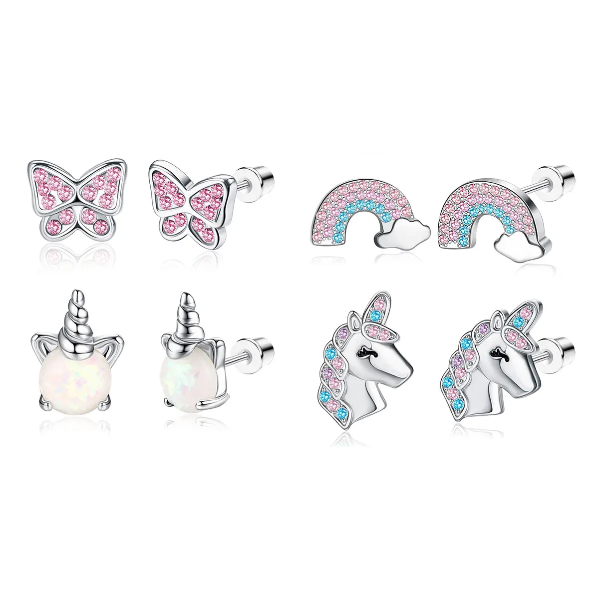 Butterfly Inset with Pink Zircon, Unicorn, Rainbow Color, Stainless Steel, Back Spiral, 4 Pairs