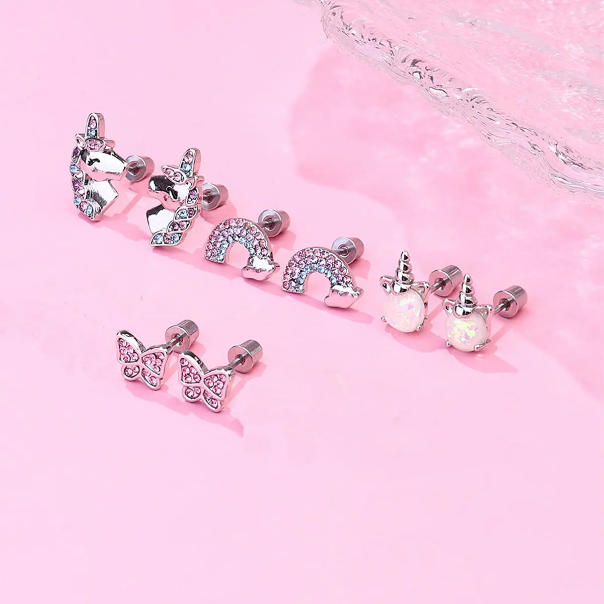 Butterfly Inset with Pink Zircon, Unicorn, Rainbow Color, Stainless Steel, Back Spiral, 4 Pairs