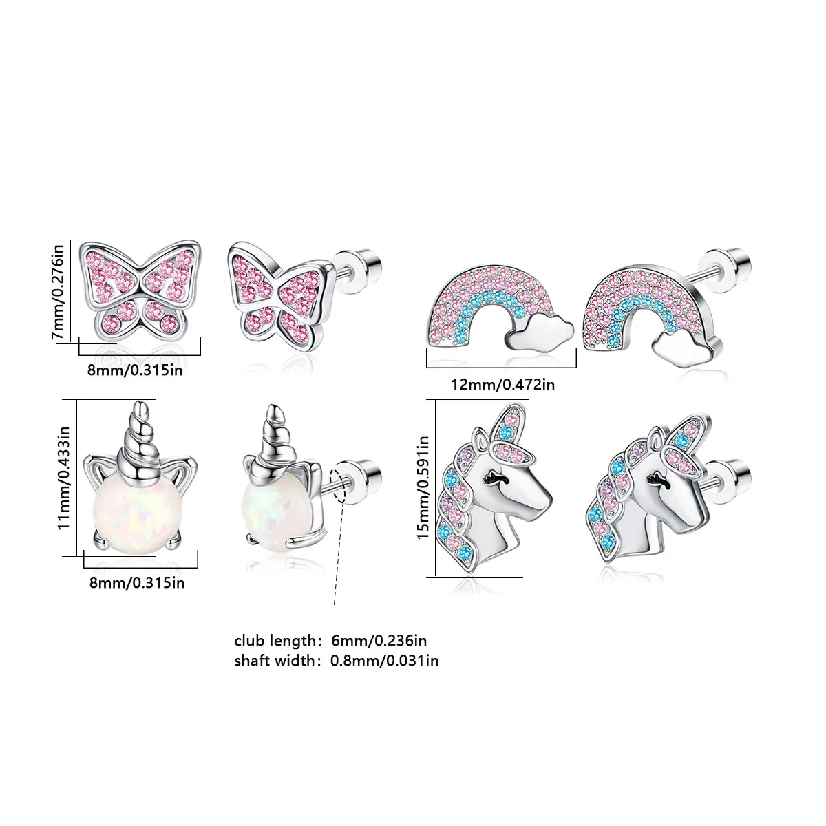 Butterfly Inset with Pink Zircon, Unicorn, Rainbow Color, Stainless Steel, Back Spiral, 4 Pairs