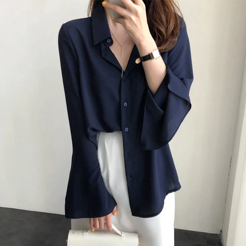 Women Chiffon Blouse Fashion Solid Long Flare Sleeve OL Office Lady Work Top Shirts V-neck White Shirt Elegant Female Clothes